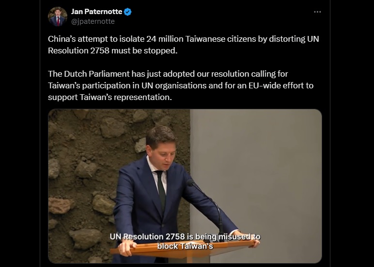荷蘭國會通過動議 拒絕中國扭曲聯大第2758號決議。 (圖:@jpaternotte)