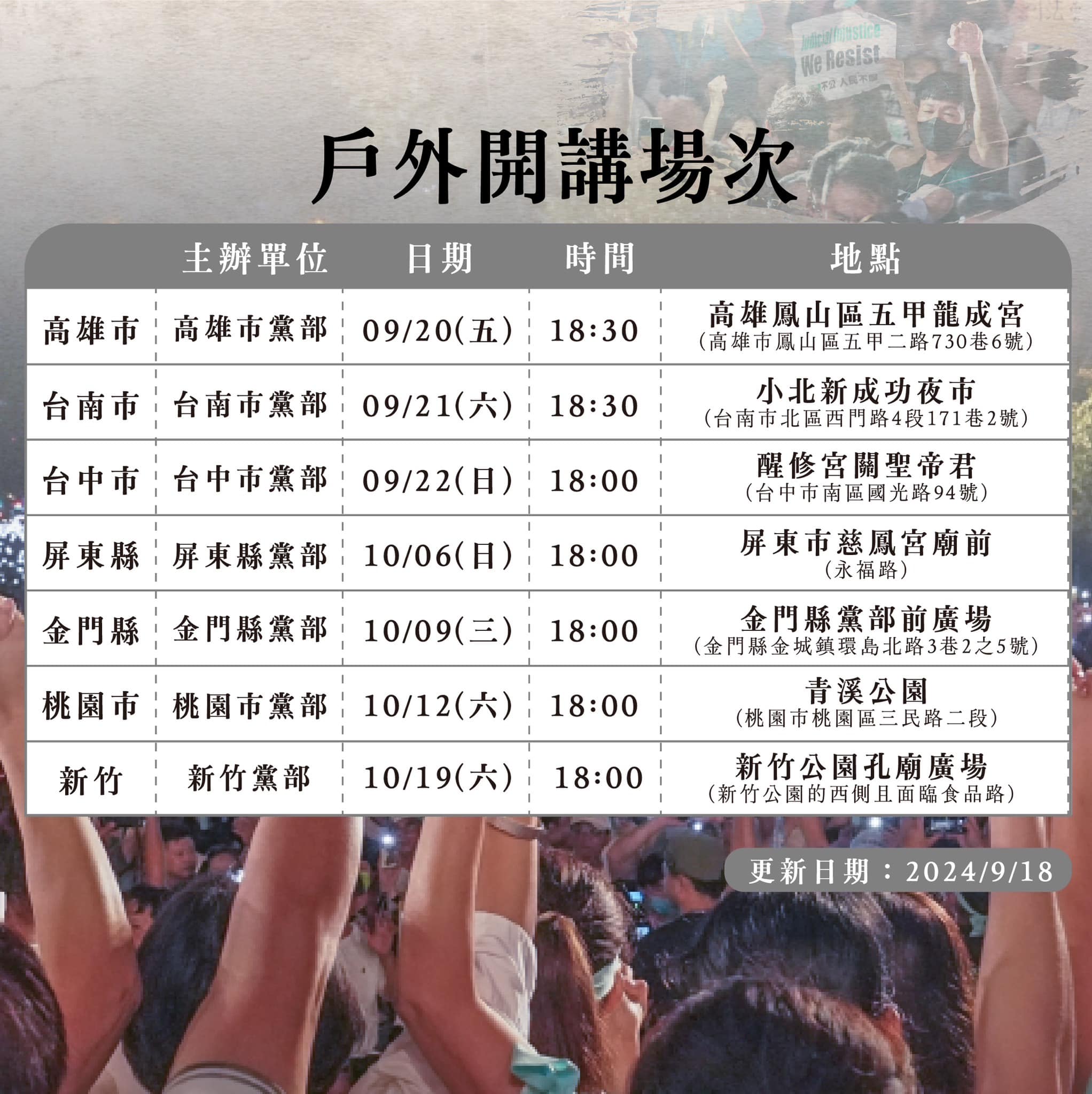 民眾黨今天(18日)表示，民眾黨主席柯文哲遭司法不公對待，將舉行7場戶外開講活動。(民眾黨臉書)