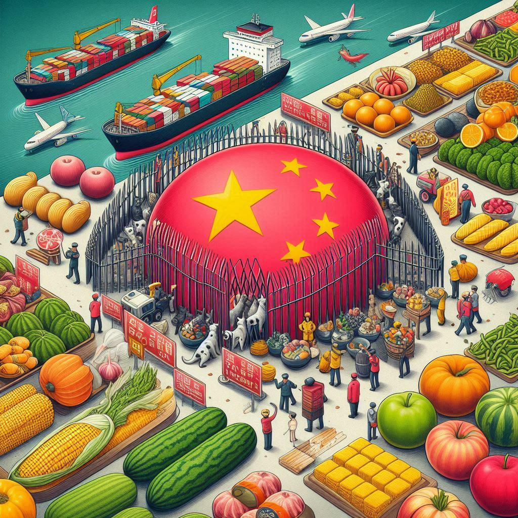 中國宣布2024年9月25日起停止台灣34項農產品免關稅。而在美國2025年4月對中國課245%關稅後，台灣比中國更有優勢搶食美國市場。但學者指需嚴防中國以台灣「洗產地」所造成的傷害。(AI生成圖)