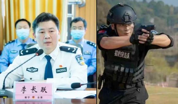 中國湖南省邵陽市公安局長李長躍(左)，於10月1日中國國慶升旗儀式時，遭局內特警副隊長段鵬(右)槍擊。(圖擷自X@duwen2023)