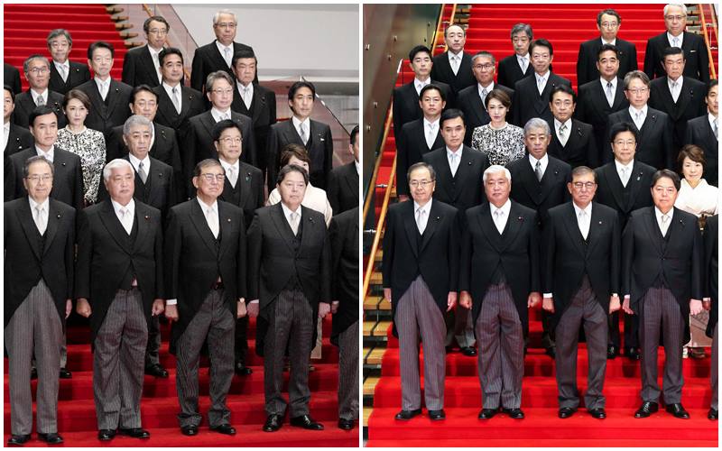 石破茂內閣團體紀念照。右為部分經過修圖並被刊登在首相官邸官網。(合成圖)