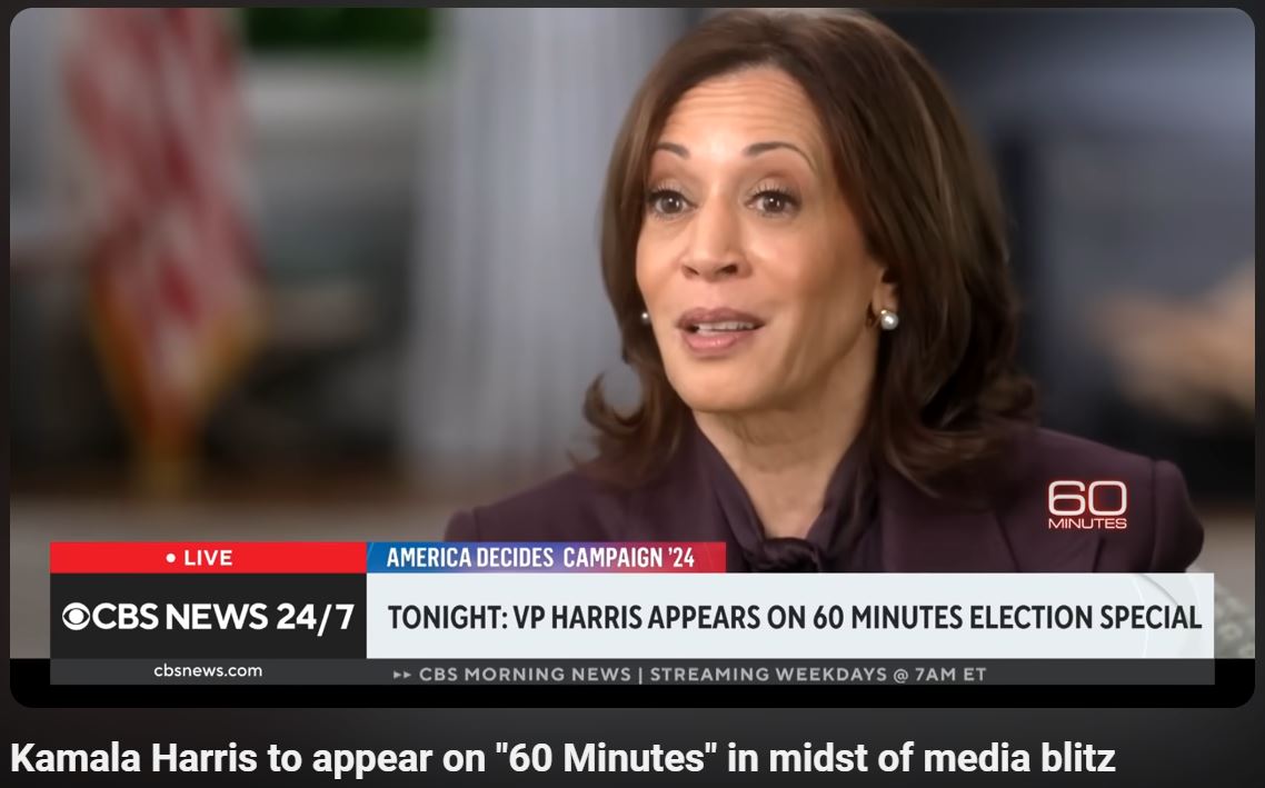 賀錦麗接受美國哥倫比亞廣播公司(CBS)「60分鐘」節目訪問。(CBS News YT)