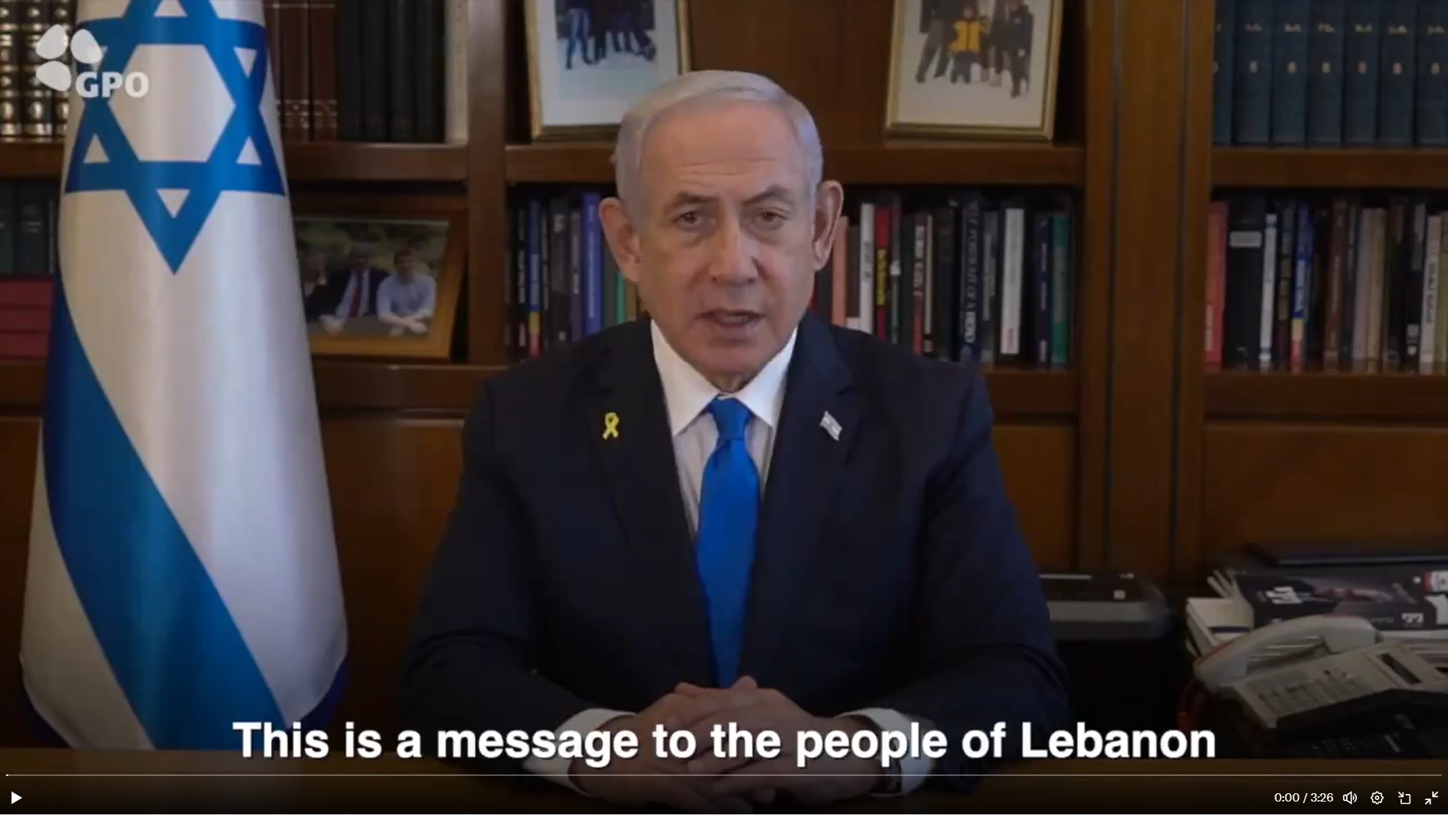 以色列總理尼坦雅胡在社群平台上發布影片對黎巴嫩民眾喊話。 (圖:翻拍X平台)