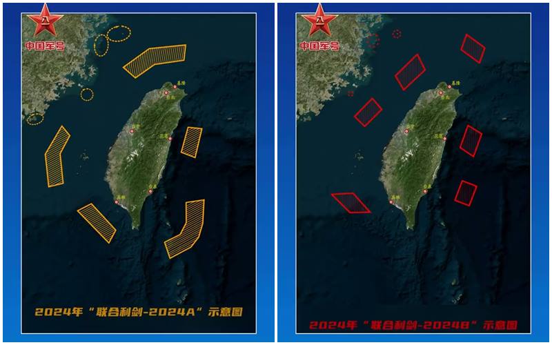 中共解放軍「聯合利劍-2024A」、「聯合利劍-2024B」環台軍演示意圖。(微博)