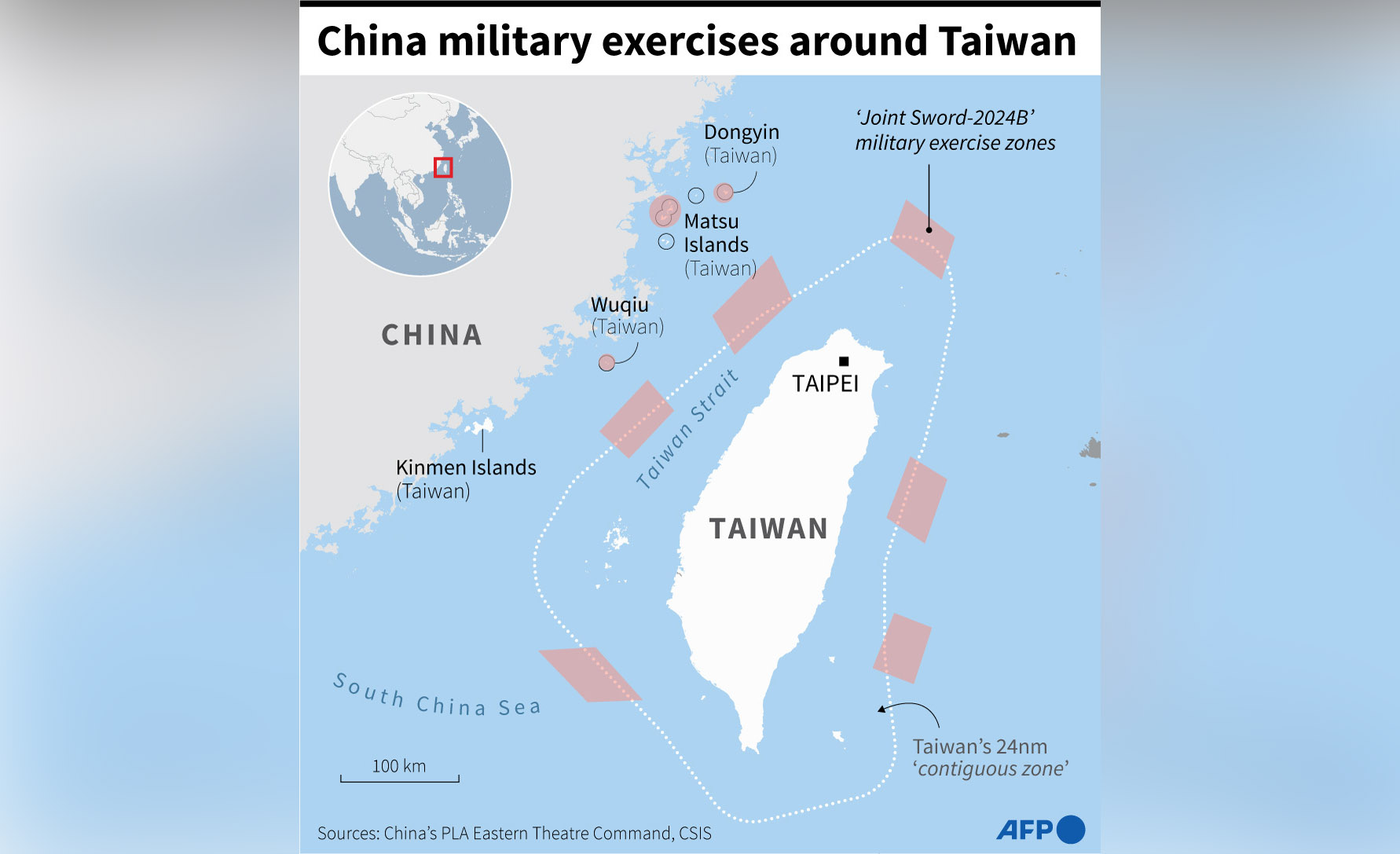 中共解放軍「聯合利劍-2024B」環台軍演示意圖。(AFP)