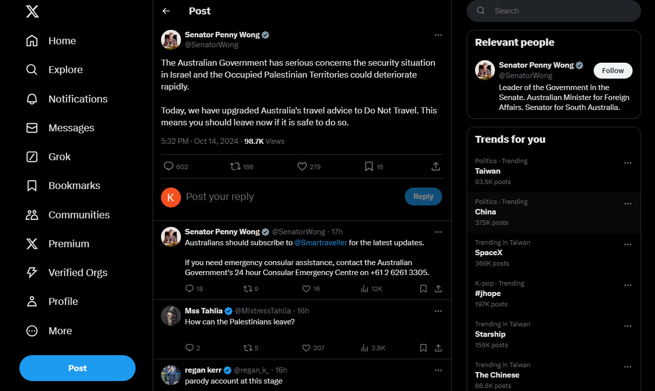 澳洲外交部長黃英賢(Penny Wong)14日在社群平台X發文表示，以黎衝突升溫，呼籲公民不要前往以色列。(翻攝Senator Penny Wong社群平台X)