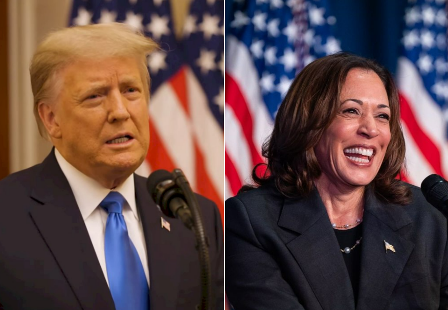 美國2024年總統大選共和黨候選人、前總統川普(左)；民主黨候選人、副總統賀錦麗(右)。(央廣合成/臉書)