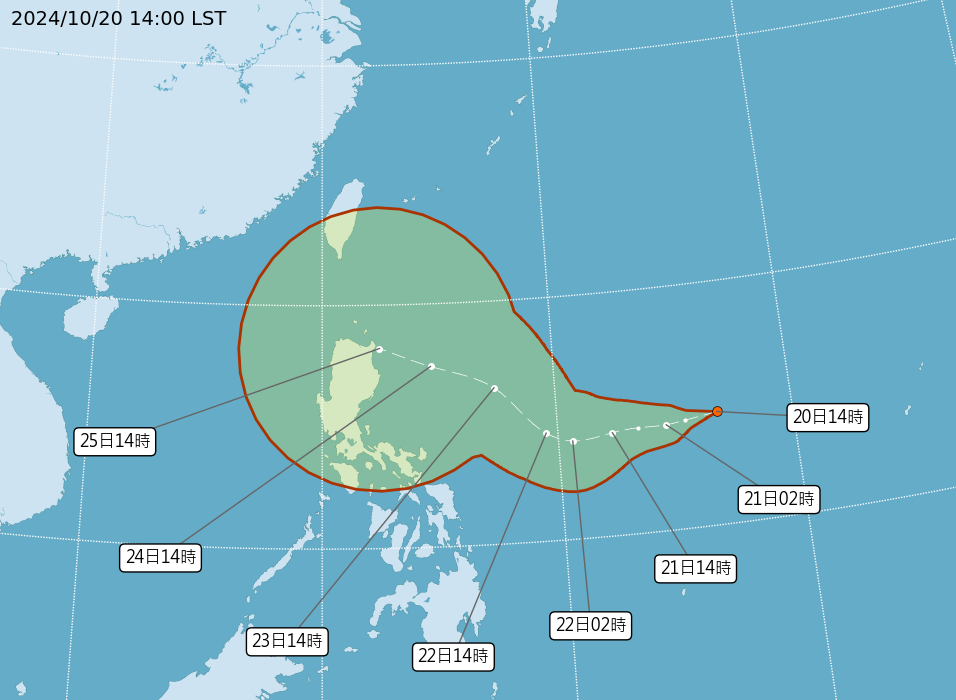 熱帶性低氣壓TD24路徑潛勢預報。(圖：氣象署)