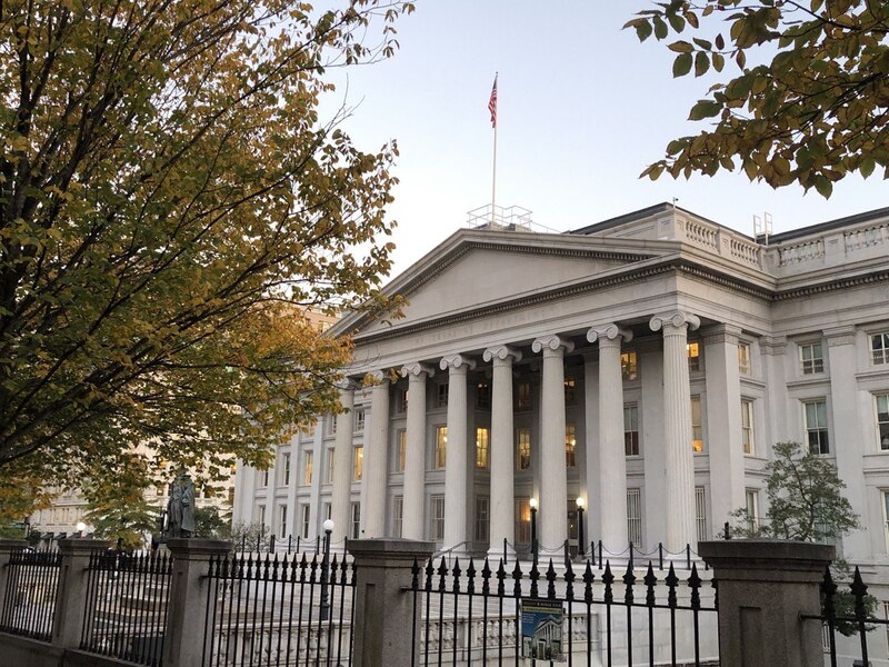 美國財政部17日發出聲明，制裁兩中國實體公司涉及駭客攻擊。圖為美國財政部外觀。資料照。(圖：中央社)