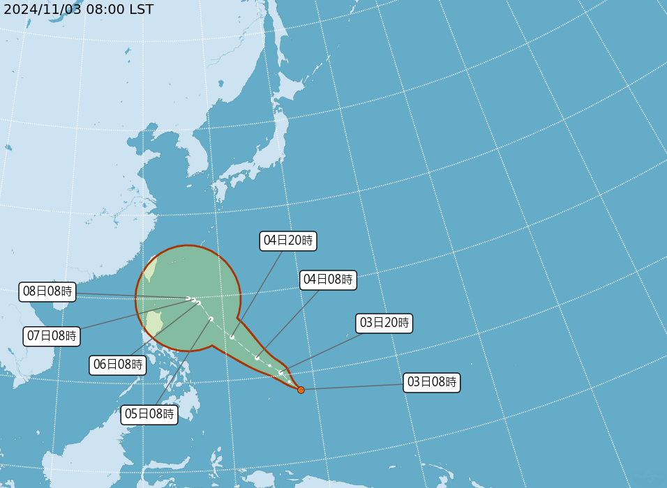 又有一個熱帶低氣壓生成。最快3日晚上發展成今年第22號颱風「銀杏」。(中央氣象署提供)