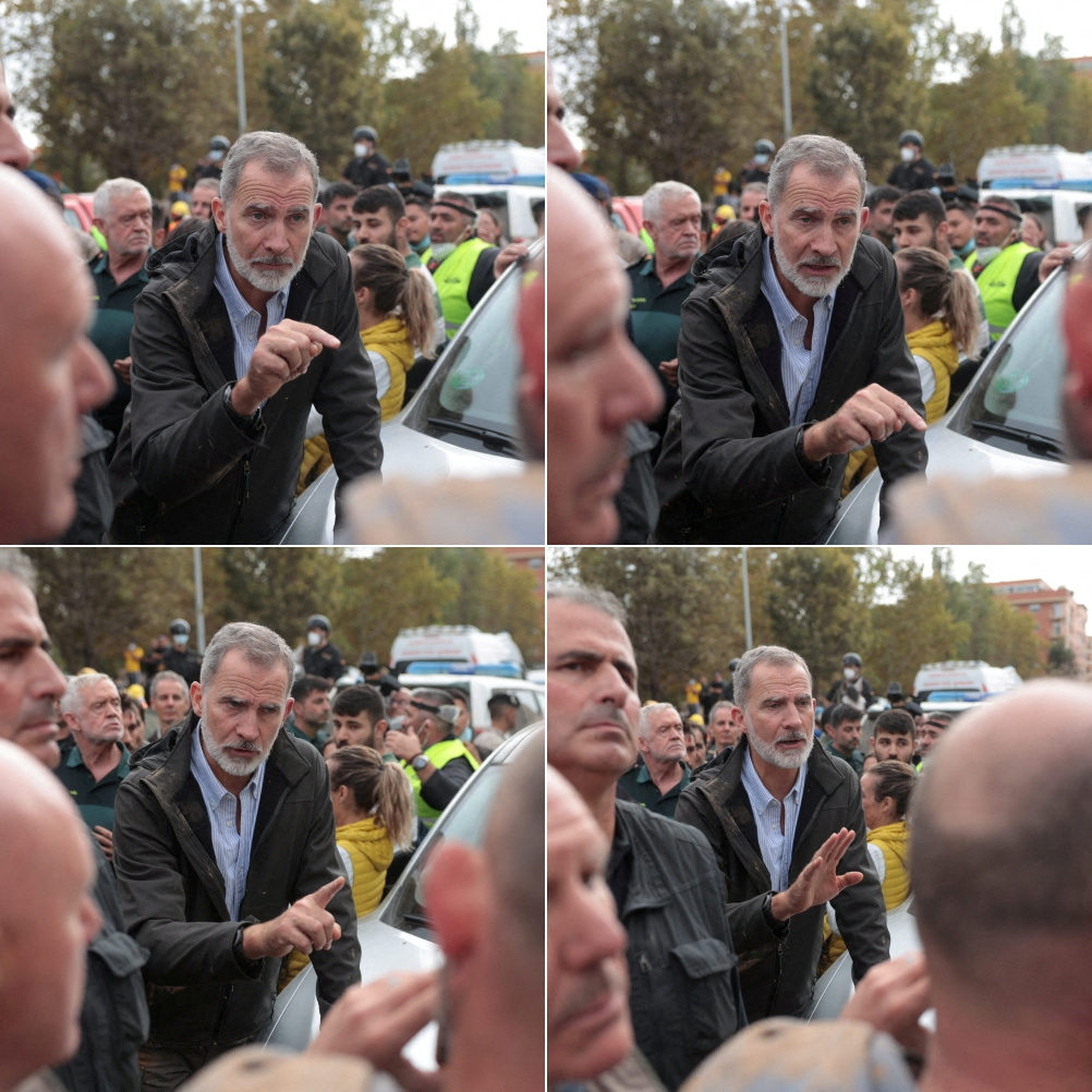 西班牙國王菲利佩六世(Felipe VI) 3日視察瓦倫西亞洪水災情，遭到憤怒居民扔擲的爛泥巴擊中。( 路透社／達志影像)