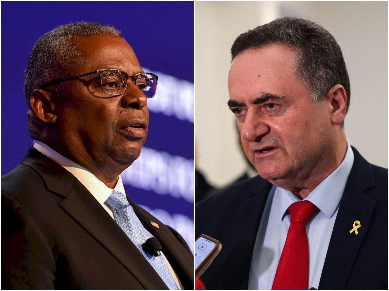 美國國防部長奧斯汀(Lloyd Austin，左)、以色列防長卡茲(Israel Katz，右)。(合成圖/AFP)