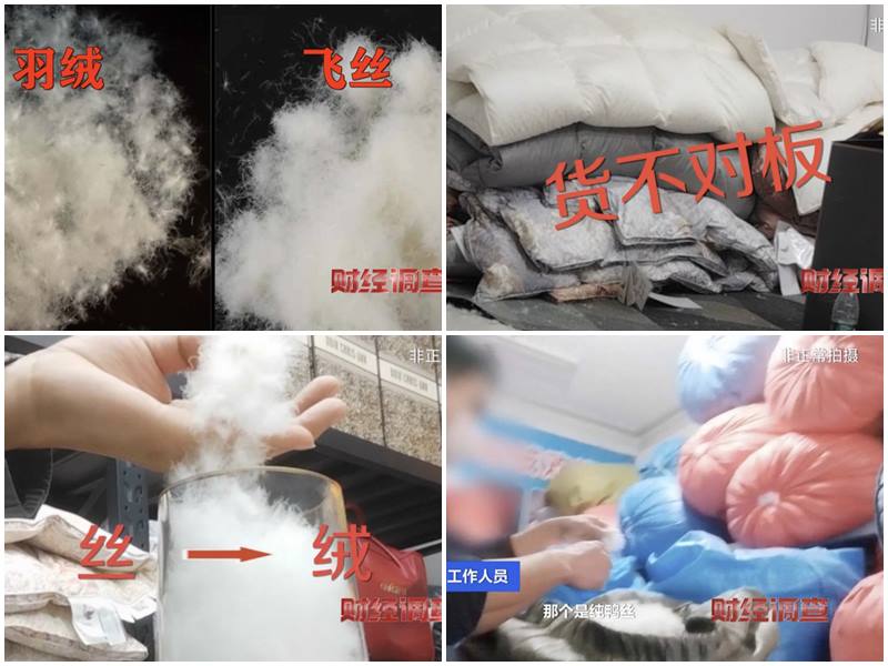 一些網售低價羽絨服為了控制成本，以「飛絲」冒充「羽絨」，並偽造質檢報告。(合成圖)