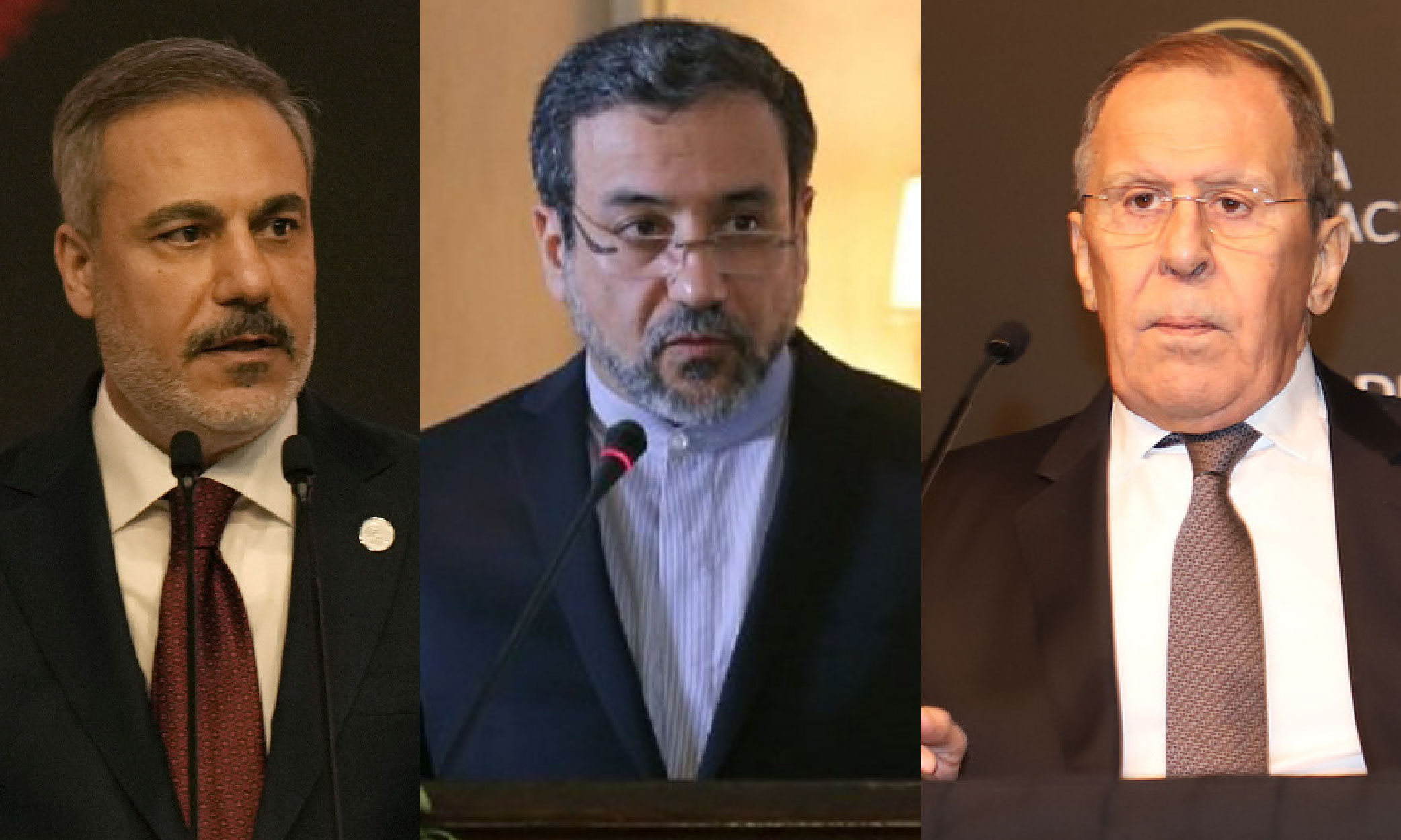 土耳其、伊朗和俄羅斯外長7日將就敘利亞叛軍閃電進攻一事進行討論。圖為土耳其外長費丹(左)、伊朗外長阿拉奇(中)、俄羅斯外長拉夫羅夫(右)。(資料合成照)