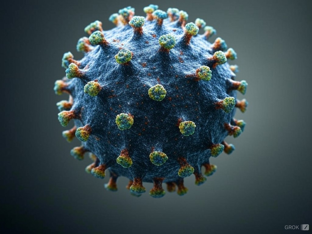 人類間質肺炎病毒（human metapneumovirus，hMPV，中國稱「人類偏肺病毒」）。示意圖。(AI生成圖)
