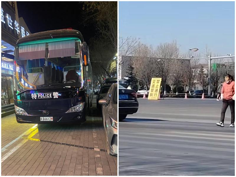 中國陝西蒲城警民衝突，當局從外地調來大批特警支援，事發地點路段已被封鎖。(X平台)