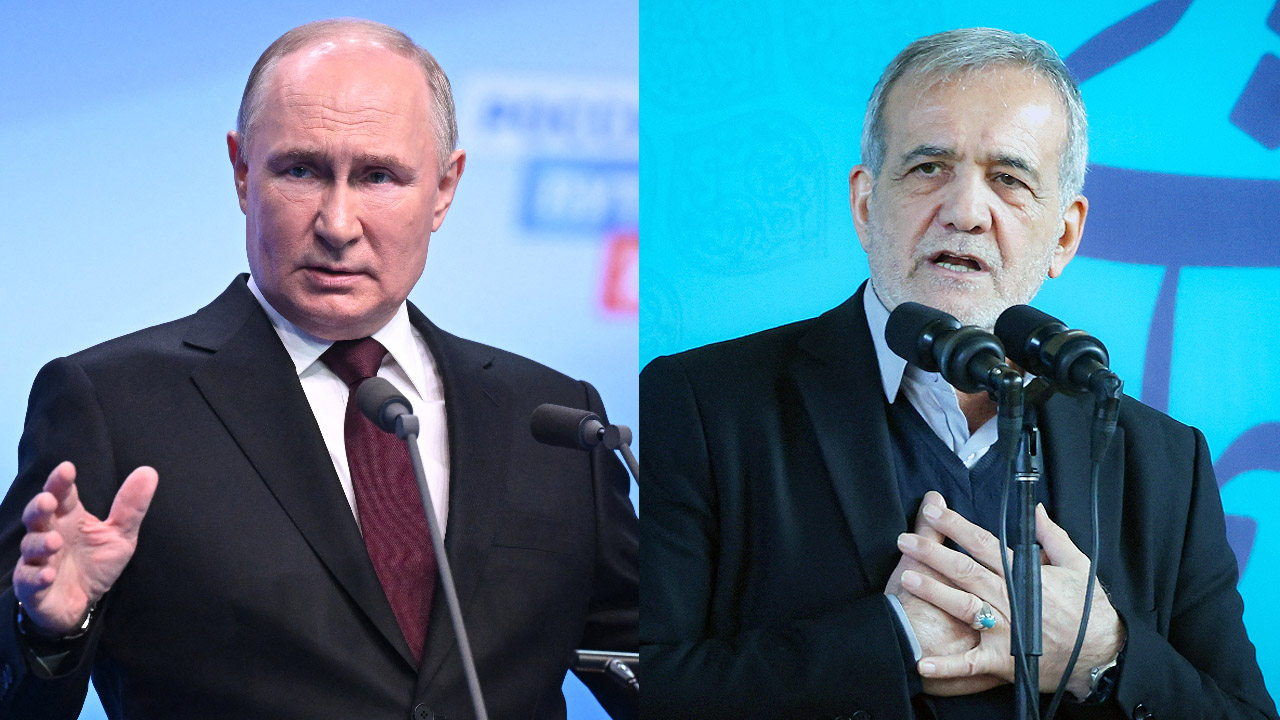 俄羅斯總統蒲亭(Vladimir Putin，左)與伊朗總統裴澤斯基安(Masoud Pezeshkian，右)17日簽署了一份戰略合作條約，加深兩國之間的軍事關係。資料合成照。(AFP)