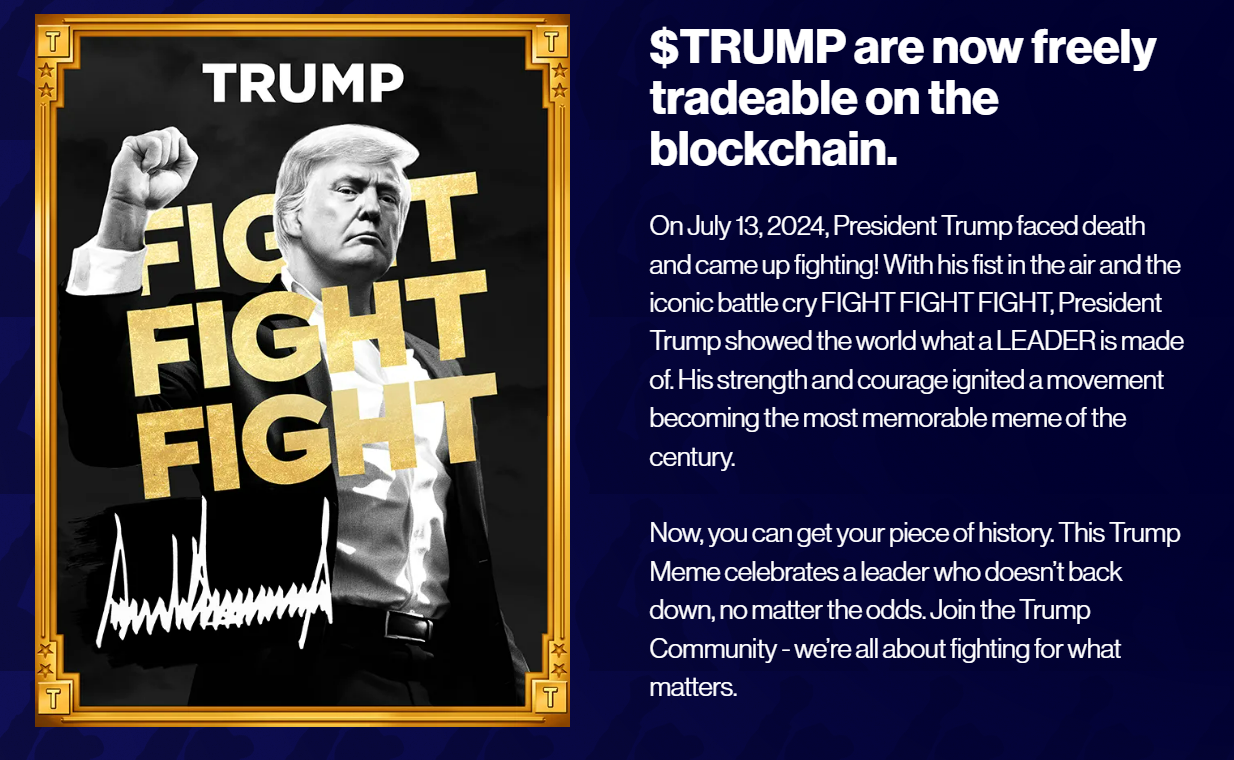 川普在自家社群平台「真實社群」(Truth Social)宣布推出專屬迷因幣$TRUMP(圖)後，成為中國企業炒作話題避免下市的新途徑。(翻攝gettrumpmemes.com)
