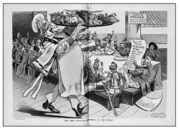 學測社會科試題59-61，圖上一名典型「山姆大叔」美國形象的人物，正手捧大托盤，而象徵各國的人物正望著他手上的各式產品。(圖：大學入學考試中心)