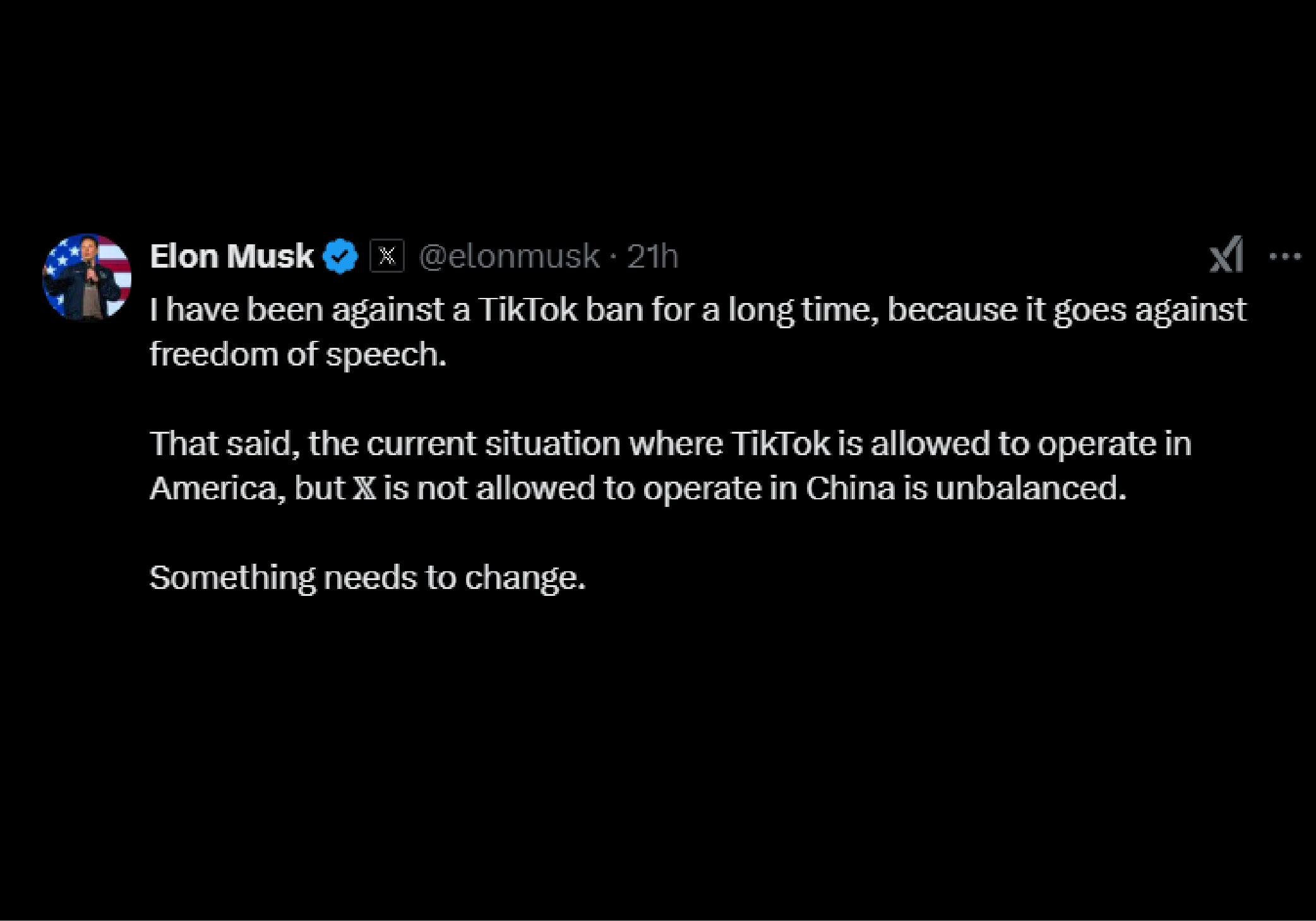 美國科技富豪馬斯克(Elon Musk)19日在社群平台X發文說，TikTok可在美國營運，X在中國卻被禁。(X平台/Elon Musk)