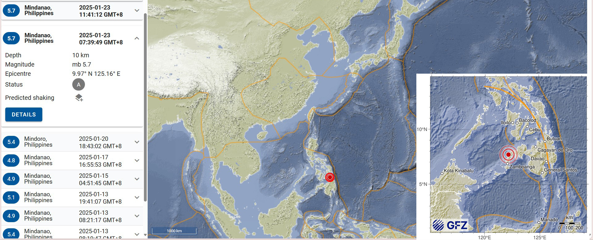 菲律賓民答那峨今天(23日)發生規模5.7地震。(GFZ)