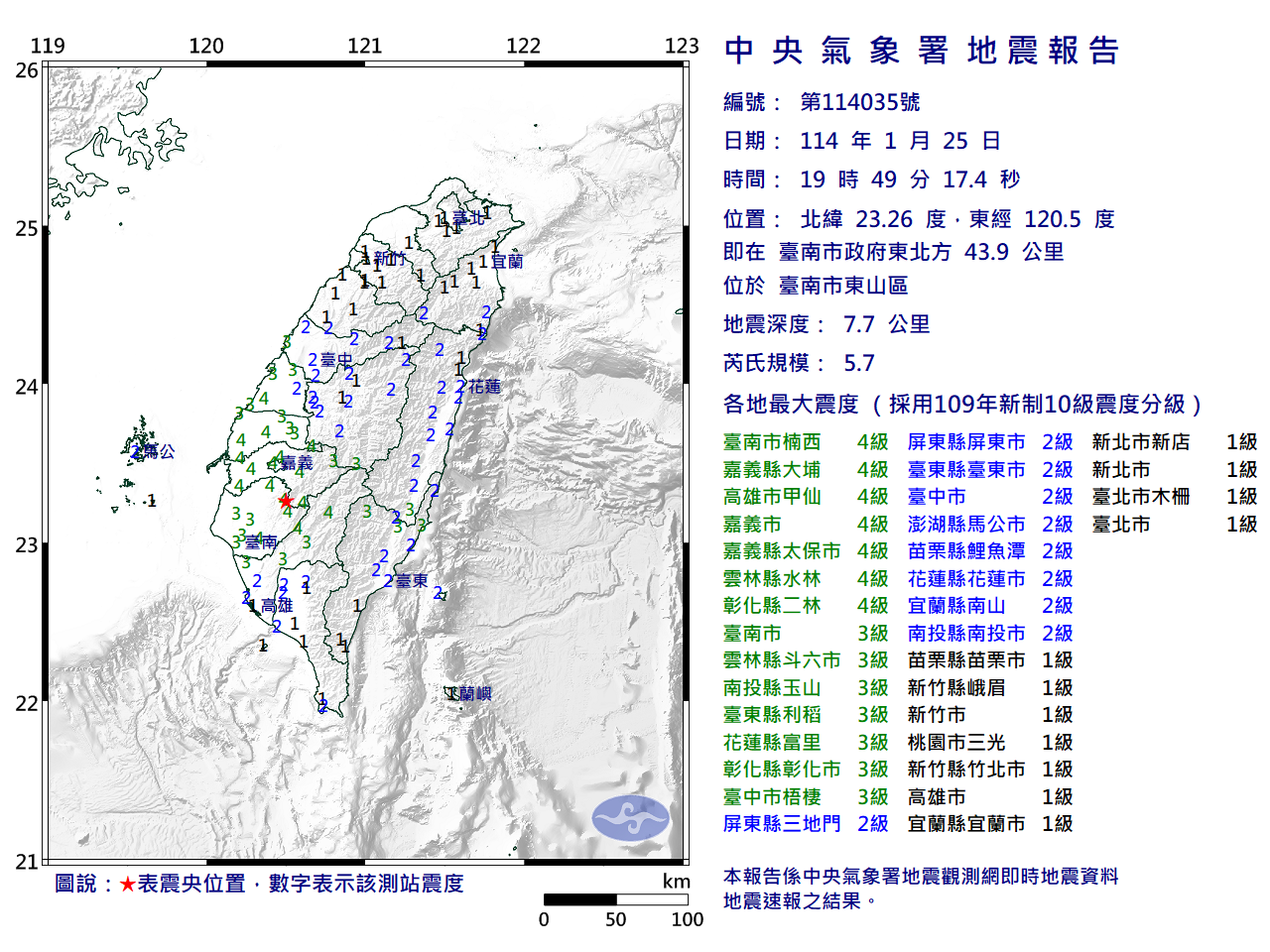 25日晚間7時49分，台南東山區發生規模5.7地震。(圖：氣象署)