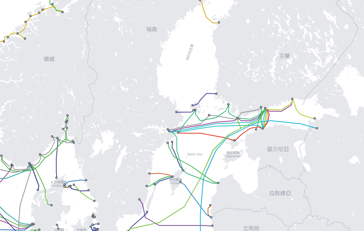 瑞典與拉脫維亞之間海底電纜分布圖。(www.submarinecablemap.com)