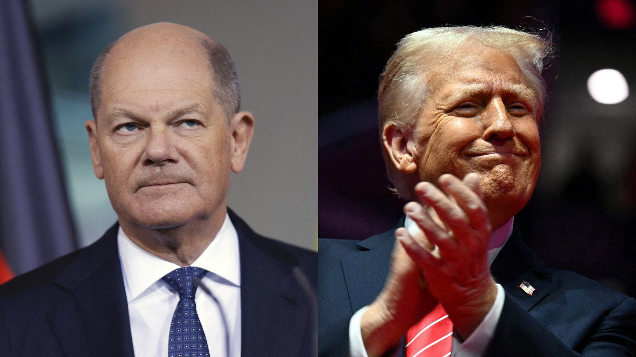 德媒26日報導，德國總理蕭茲(左)對美國總統川普(右)增加石油與天然氣出口的計畫表示歡迎。資料合成照。(AFP)