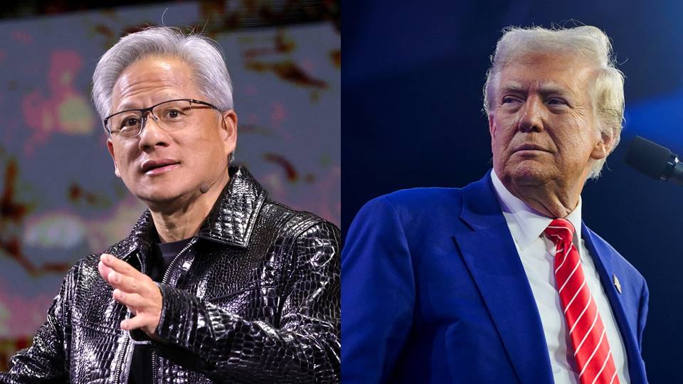 輝達(Nvidia)執行長黃仁勳(Jensen Huang，左)、美國總統川普(Donald Trump，右)。合成圖。(路透社/達志影像)