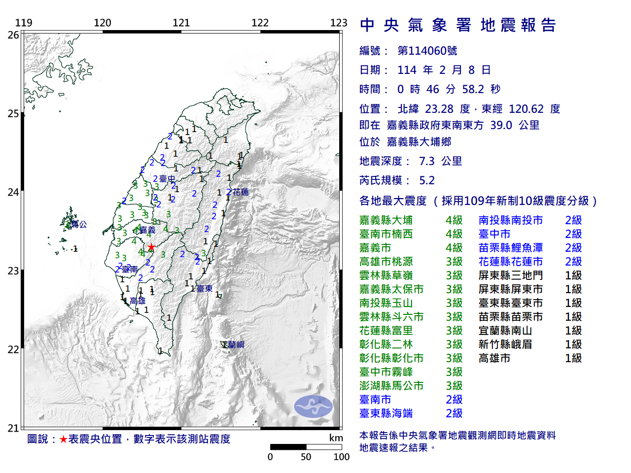 8日0時46分發生芮氏規模5.2地震。(圖：氣象署)