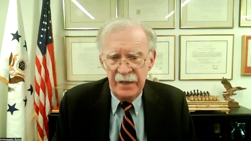 美國總統川普首任總統任內的國安顧問波頓13日接受中央社視訊訪問。圖為視訊影片截圖。(圖：中央社)