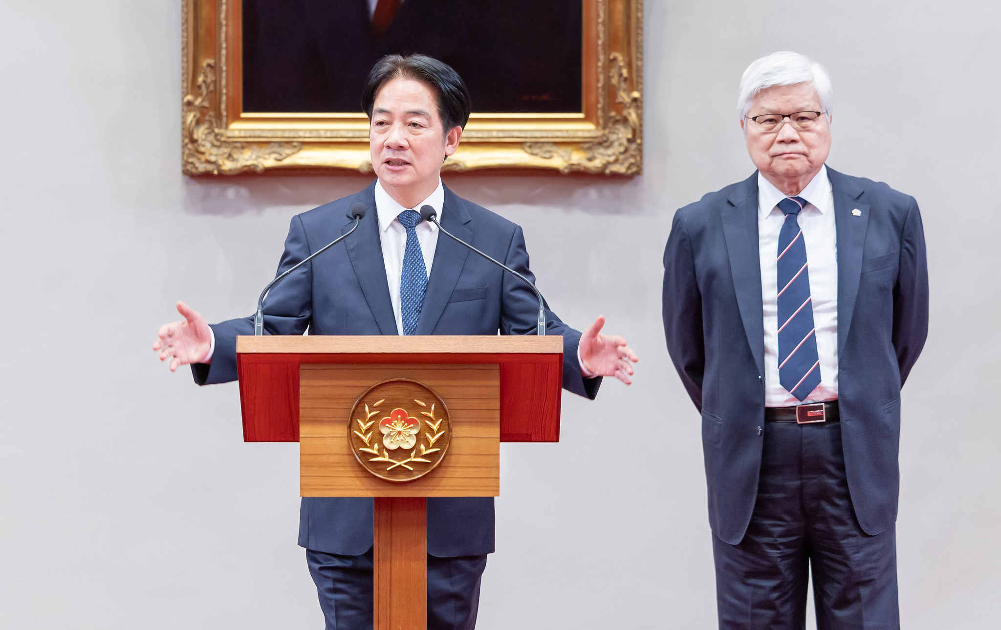 賴清德總統6日偕同台積電董事長魏哲家召開記者會，對外說明台積電赴美擴大投資案。(圖：總統府)