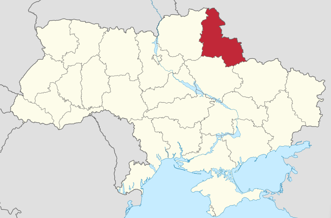烏克蘭蘇米州(Sumy)地理位置圖(紅色區域)。(維基百科)