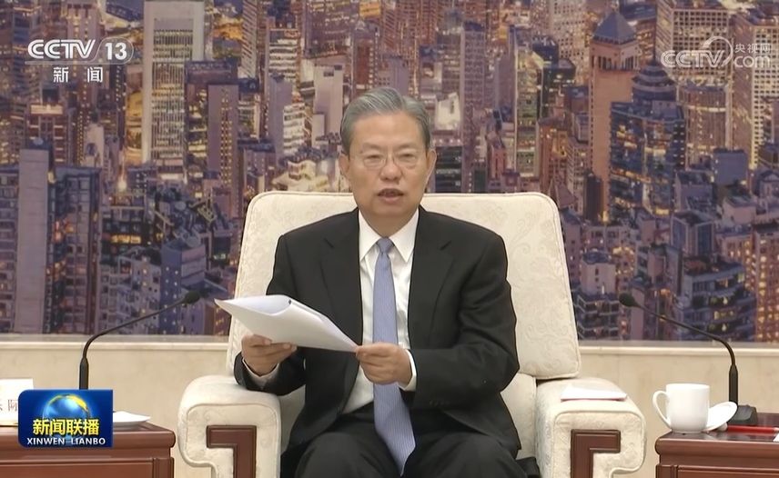 中共全國人大常委會委員長趙樂際12日看望報導人大會議的新聞工作者。 (圖:翻拍自央視)