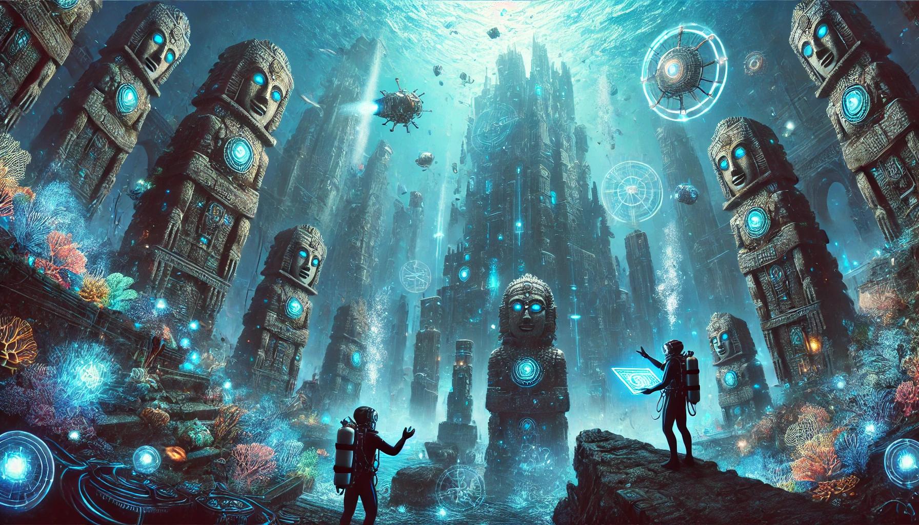 AI眼中高科技的亞特蘭提斯，還有兩位探險的人