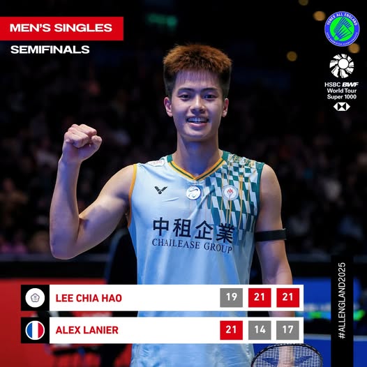 台灣羽球好手李佳豪擊敗法國新秀藍尼爾晉級全英羽球賽決賽，成台灣史上男單第2人。(FB/@bwfbadminton)