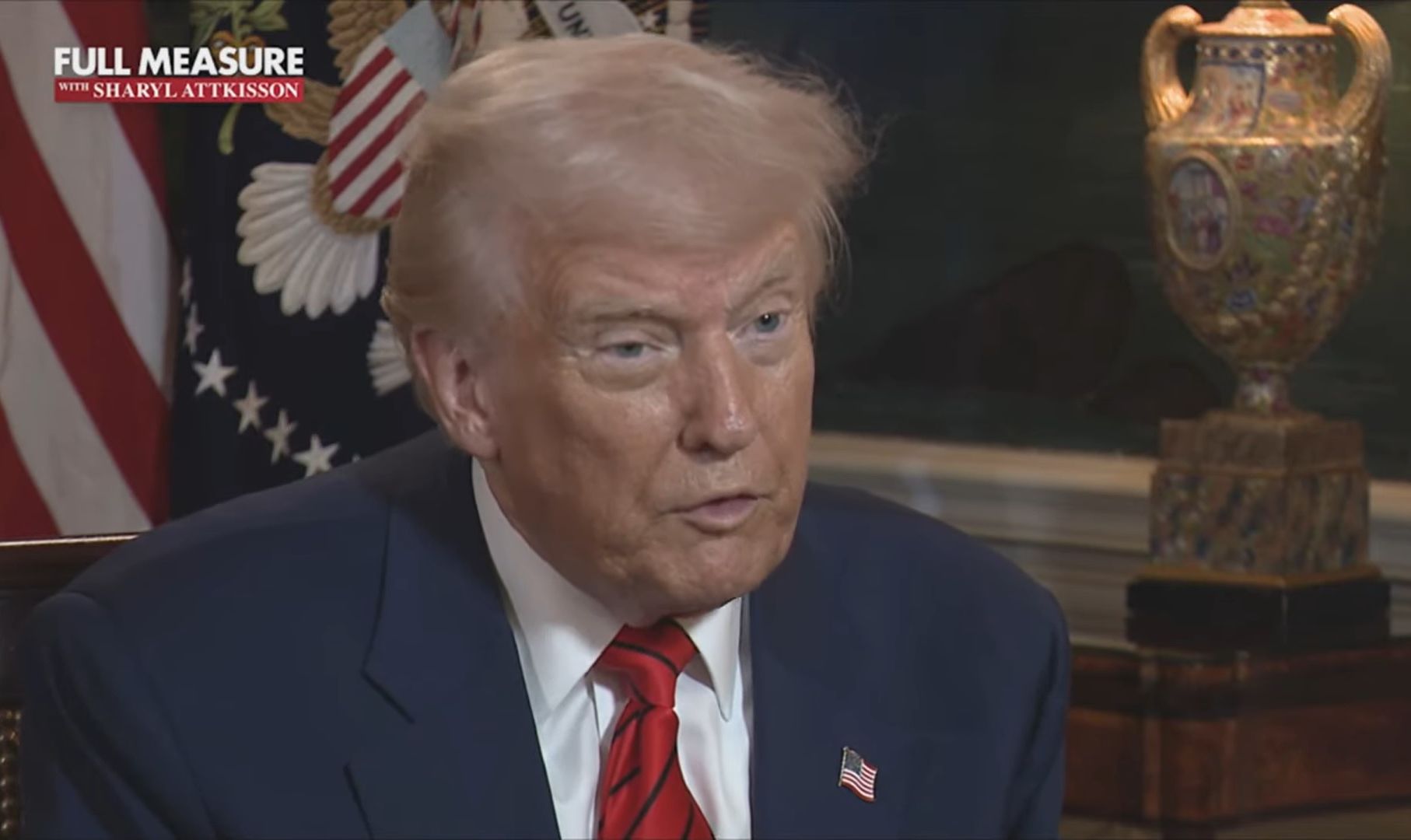 美國總統川普日前接受電視節目「全力以赴」（Full Measure）專訪。 (圖:翻拍YT)