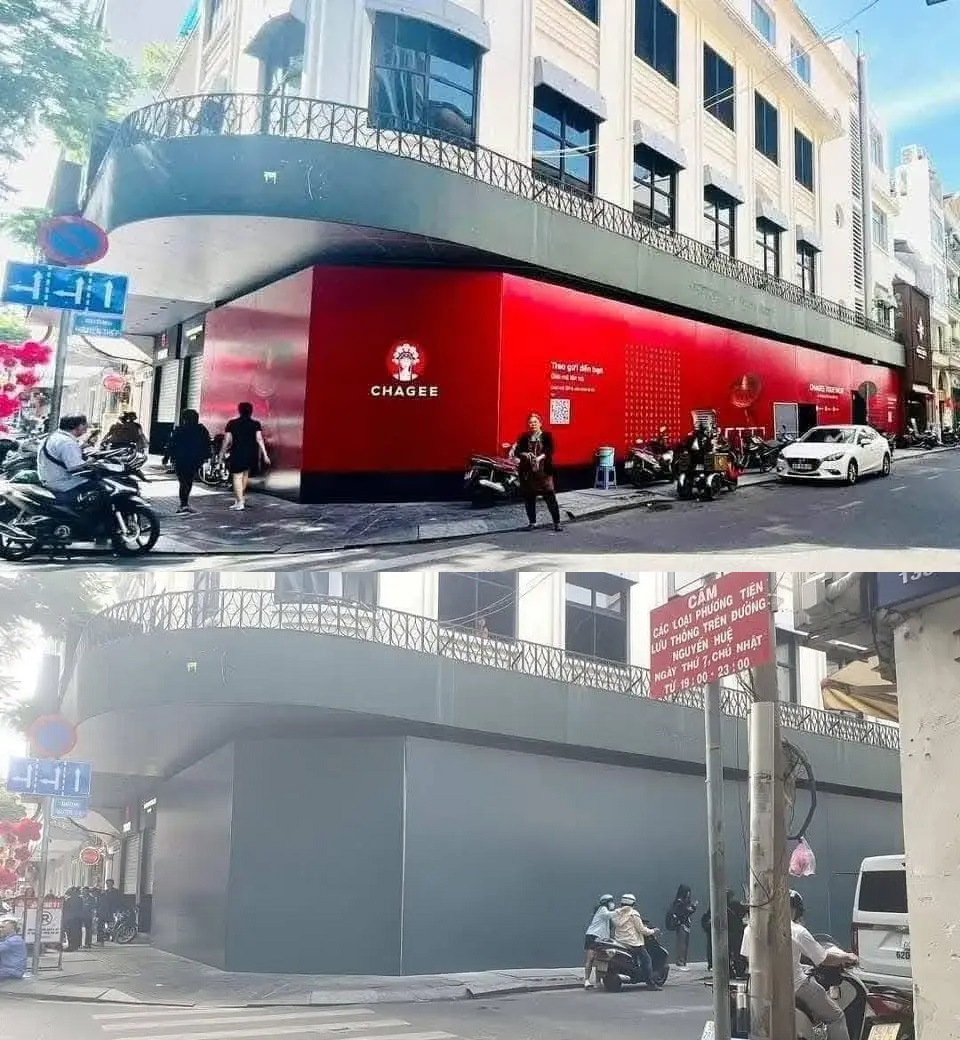 中國茶飲品牌霸王茶姬(CHAGEE)陷入南海九段線主權爭議後，胡志明市首店外印著品牌Logo的施工隔板已被汰換為素面隔板。(圖：微博)