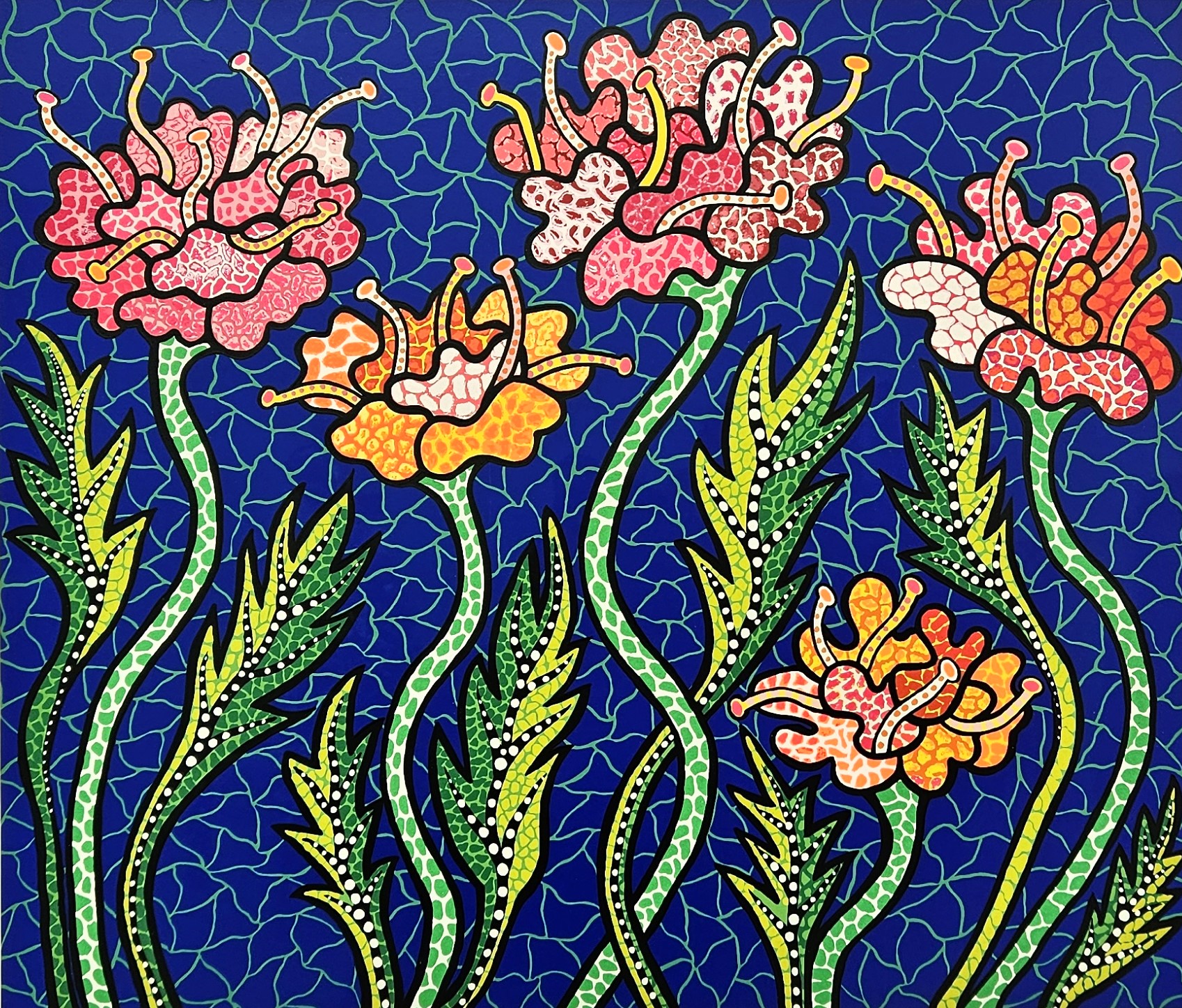 日本著名藝術家草間彌生1990年所畫的「夏日之花」，色彩鮮艷，充滿生命力，記錄的是她對花卉的著迷以及驚恐。(圖：黃貞貞 攝)