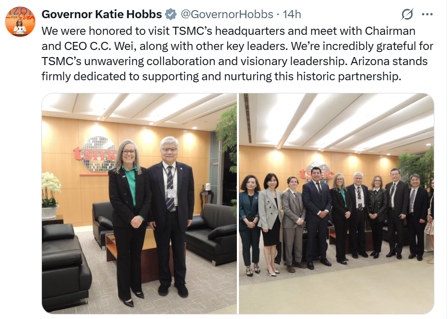 美國亞利桑那州長郝愷悌訪台期間，特別前往台積電參訪。她今天於社群媒體表示，亞利桑那州堅定支持並持續促進夥伴關係。(圖：取自X平台@GovernorHobbs)