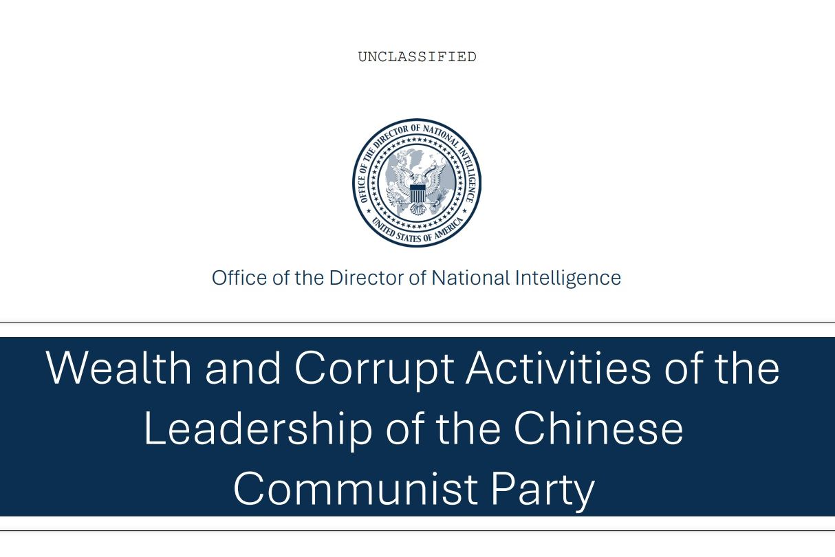 美國國家情報總監辦公室20日發布題為「中國共產黨領導階層的財富和腐敗活動」的報告。 (圖:翻拍ONDI)