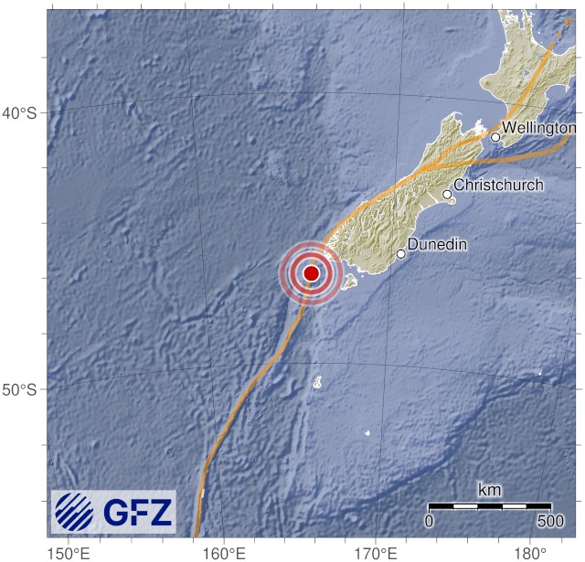 紐西蘭南島外6.8地震發生在台北時間上午9點43分。(圖：GFZ)