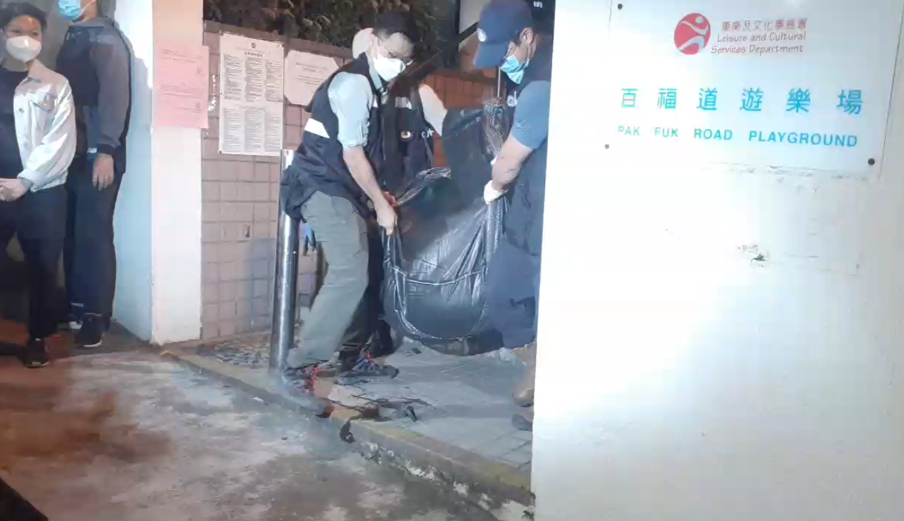 香港政府自2021年起對野豬進行捕殺政策。圖為2021年香港漁護署派員到北角百福道遊樂場捕野豬。(資料照片：取自立場新聞直播／維基共享資源)