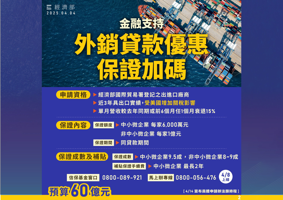 因應美國對等關稅，財經部會提4大金融支持措施。(圖擷自經濟部FB)