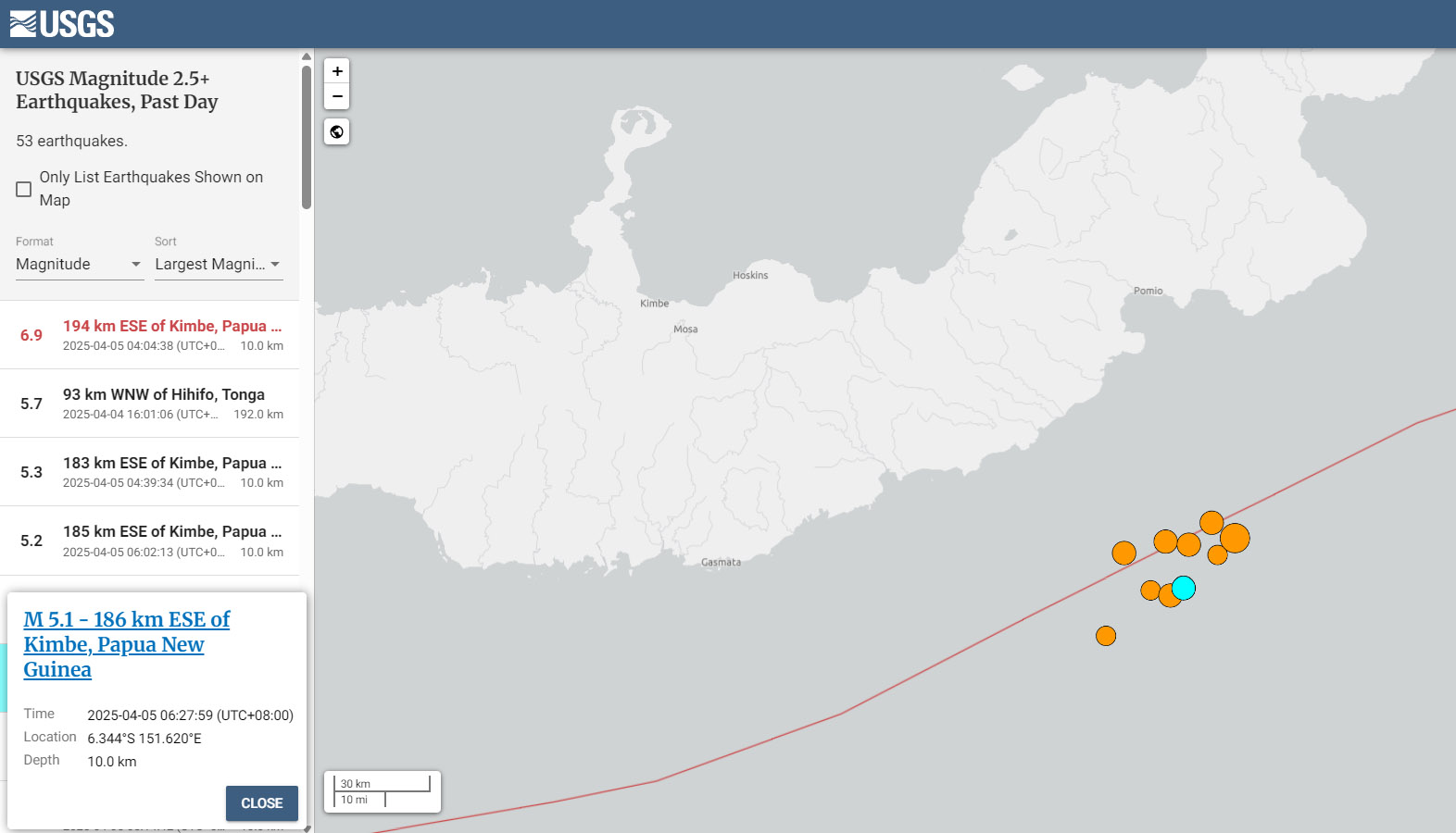 美國地質調查所(USGS)表示，巴布亞紐幾內亞的新不列顛(New Britain)地區海岸5日上午發生規模6.9強震。(翻攝USGS官網)