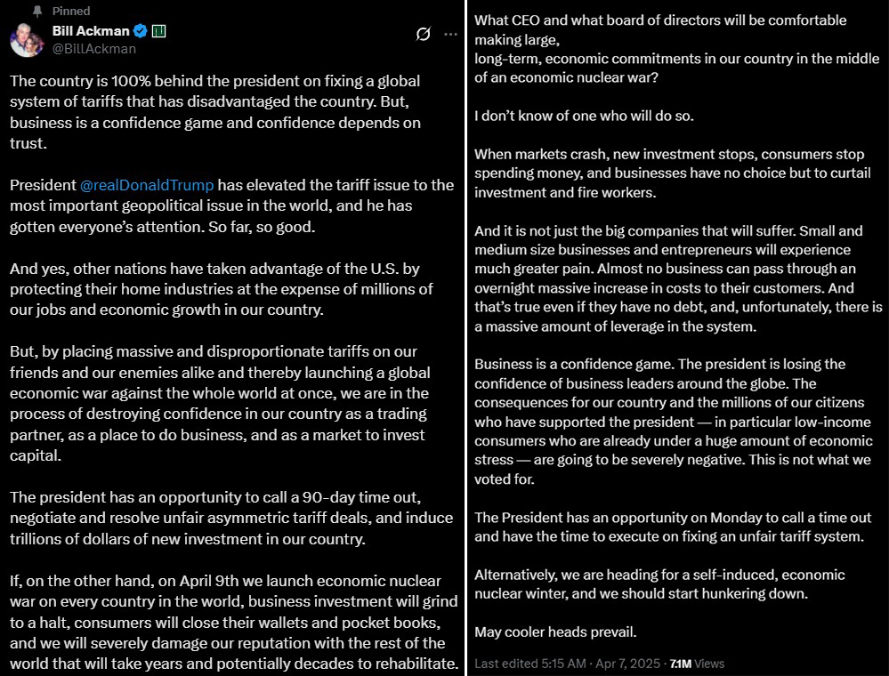 美國財經名人艾克曼發文表示美國關稅恐使全球迎來經濟核寒冬。(擷自X@BillAckman)