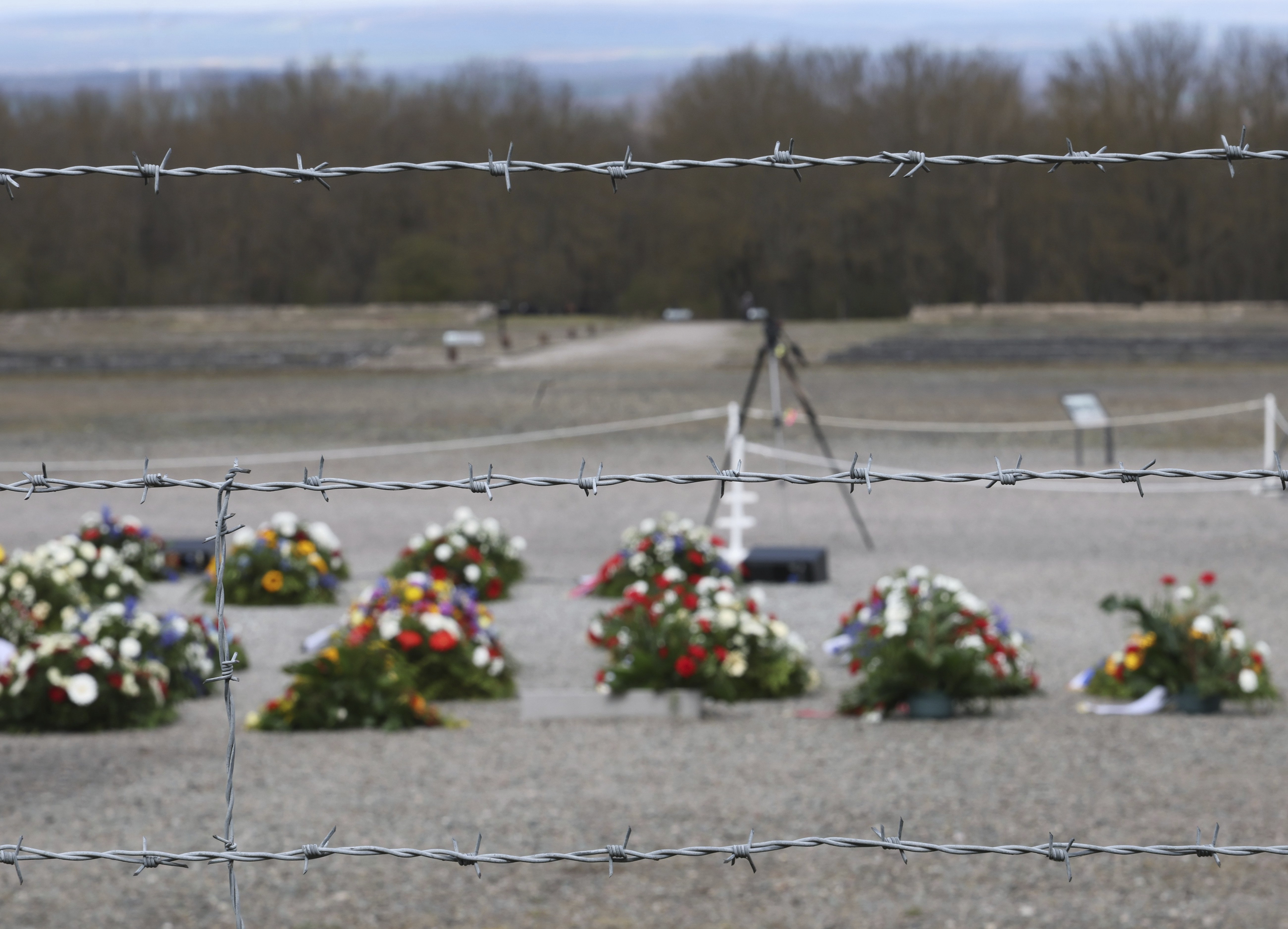 為紀念布亨瓦特集中營(Buchenwald concentration camp解放80週年，花圈被擺放在布亨瓦特集中營的點名廣場上。二戰末期，布亨瓦特是德國境內規模最大的納粹集中營。(美聯社/達志影像)