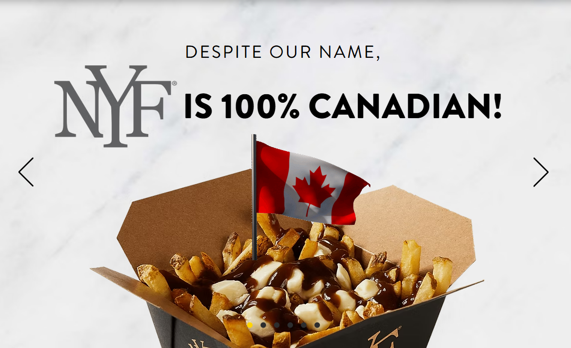 紐約薯條(New York Fries)在其官網掛上加拿大國旗，並要消費者別看名字，強調是百分百加拿大企業。(圖:紐約薯條官網)