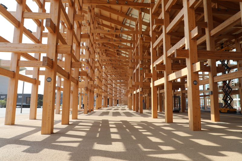 大阪世博會場的大圓屋頂迴廊周長約2公里，高度12至20公尺，下方是步道迴廊，上方有屋頂遮陽。總面積逾6萬平方公尺，3月4日獲金氏世界紀錄認證為全球最大木造建築。(圖：中央社)