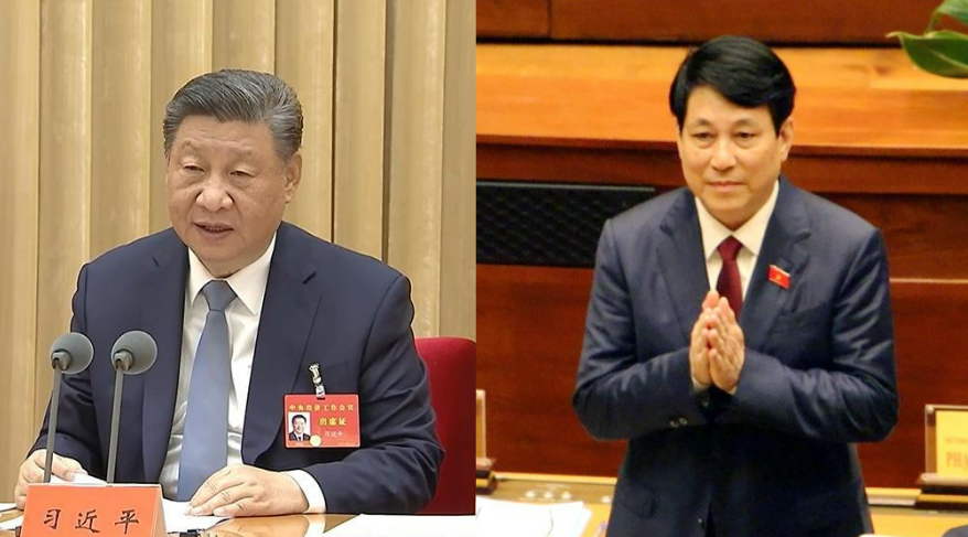 中國國家主席習近平(左)今天(15日)在河內會見越南國家主席梁強(右)。(資料合成照)
